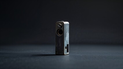 Metallic vape device stands alone on a dark surface, showcasing its sleek and minimalist design with subtle details