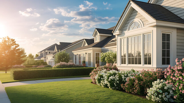 An ideal neighborhood. Houses in suburb at Summer in the north America. Fragment of a luxury house with nice window over blue sky.