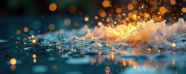 Shimmering gold glitter swirls around a sparkling water feature, shiny, iridescent