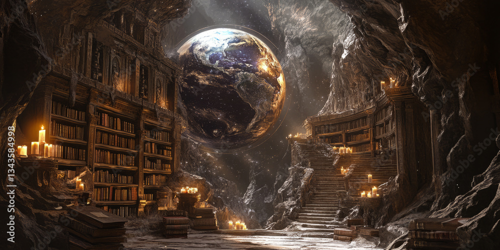 Wall mural a magical 3d background of an ancient library hidden deep within a mountain. floating candles illumi