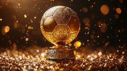 A golden soccer ball trophy sparkles with celebratory confetti around it