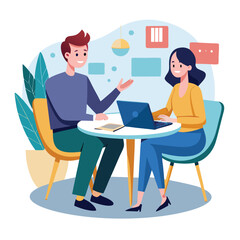 Partners meeting for business discussion with documents and laptop on desk. Couple at round table, speaking, discussing work, partnership. Flat vector illustration isolated on white background