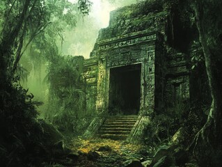 Obraz premium Lost Temple: Ancient Ruins in Lush Jungle Landscape, Travel, Architecture, and History