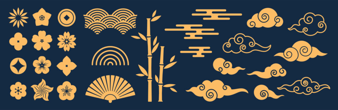 Chinese clouds, coin, flowers, bamboo, fan. Decorative shapes in oriental style for card, banner, print, flyer, poster, cover. Asian Lunar New Year. Vector design elements isolsted