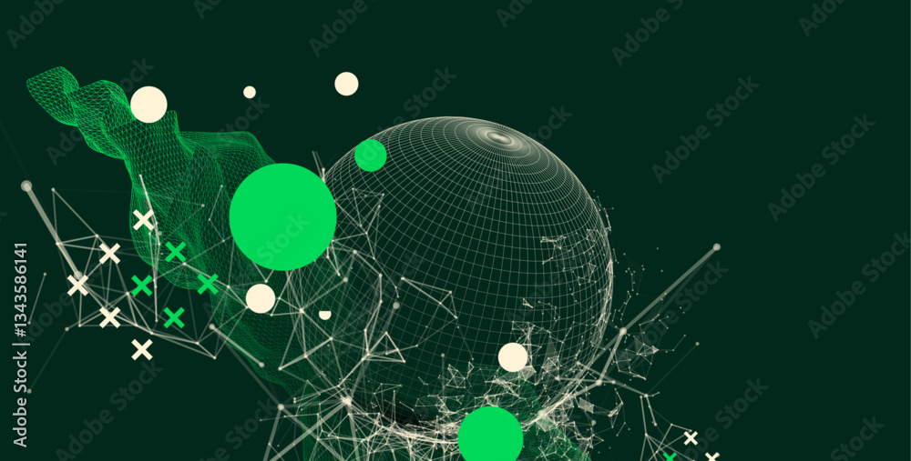 Poster Science fiction background. Abstract image of wireframe wave and sphere with plexus effect.