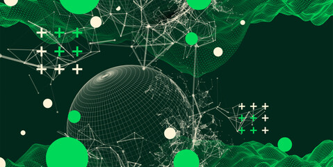 Science fiction background. Abstract image of wireframe wave and sphere with plexus effect.