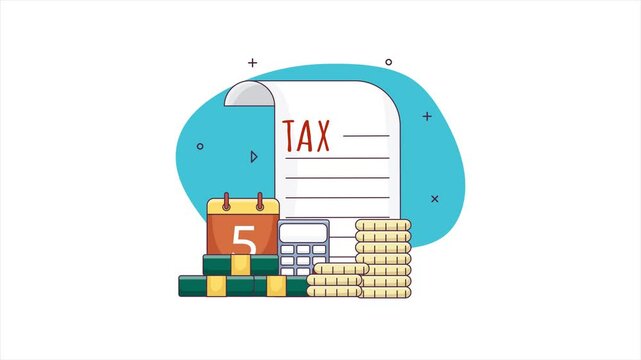 Pay Taxes on Time, Company or Individual, Calendar, Calculator, Money and Tax Forms Animation