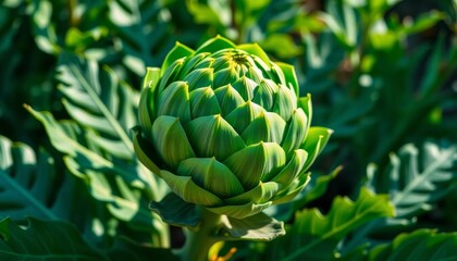 Obraz premium Vibrant green artichoke plant thriving in garden, sunlit leaves, farm, healthy