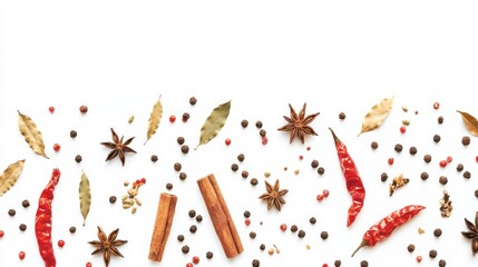 Spice mix, mixed spices isolated, cinnamon sticks, Anise star, cardamom, nutmeg, cloves, red chillies, curry leaves