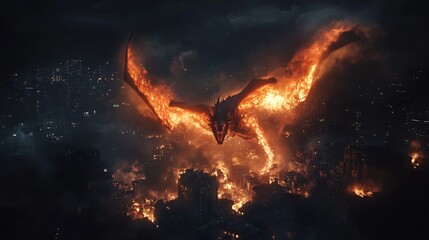 Menacing Dragon Roaring amidst City Ruins at Night