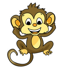 Cute cartoon monkey. A cheerful, playful monkey character with a big smile, open arms, and a curly tail on a white background. Fun, jungle-themed, kids illustration, and mascot concept