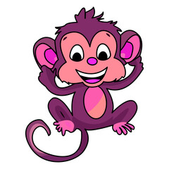 Obraz premium Cute cartoon monkey. A cheerful, playful monkey character with a big smile, open arms, and a curly tail on a white background. Fun, jungle-themed, kids illustration, and mascot concept