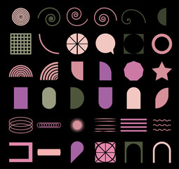 Obraz premium Abstract geometric set icon. Collection of various shapes, spirals, lines, arrows, and decorative patterns in pink, purple, and green on a black background. Minimalist, modern, and artistic elements