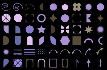 Abstract geometric set icon. A collection of various shapes, lines, spirals, arrows, and patterns in purple and beige on a black background. Minimalist, modern, decorative, futuristic design elements