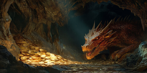 A mystical 3D background of an ancient dragon cave, where massive gold coins and magical relics glow faintly under the beast watchful gaze. The cavern walls pulse with enchanted energy,