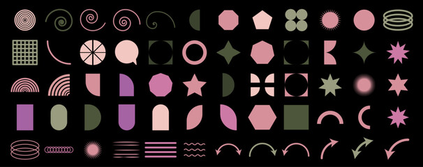 Fototapeta premium Abstract geometric set icon. Collection of various shapes, spirals, lines, arrows, and decorative patterns in pink, purple, and green on a black background. Minimalist, modern, and artistic elements