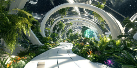 A futuristic 3D background of a luxury space station with a glass-domed garden. Lush greenery flourishes under artificial sunlight, while sleek white pathways wind between vibrant alien flora. Stars