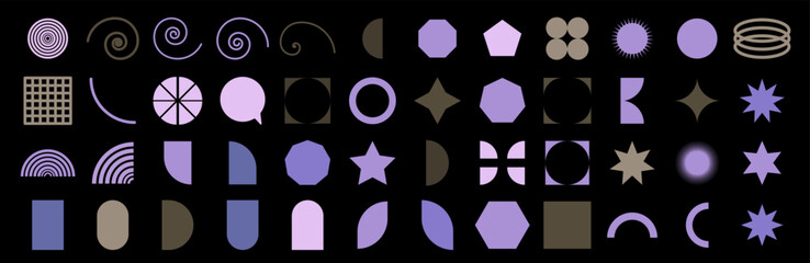 Abstract geometric set icon. A collection of various shapes, lines, spirals, arrows, and patterns in purple and beige on a black background. Minimalist, modern, decorative, futuristic design elements
