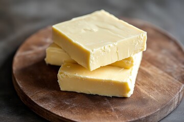 Creamy butter is stacked on a round wooden cutting board