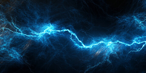 A dynamic 3D background depicting a powerful energy surge arcing across a dark metallic surface. The intense bursts of electric blue lightning create a striking contrast, emphasizing power, speed, and