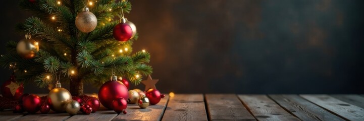 Obraz premium Christmas tree on wooden table with ornaments and lights, Winter Scene, Lights, Tree