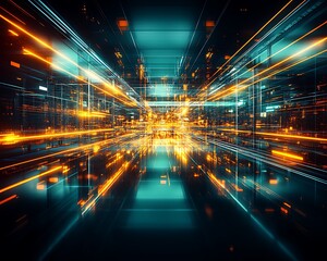 Futuristic data tunnel with interconnected light beams and vibrant colors