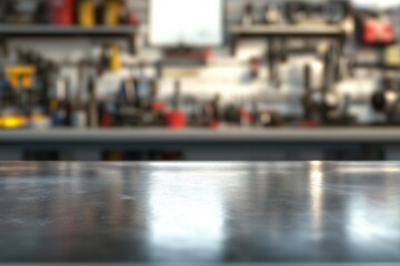 A metal blank tabletop with blurred automotive tools and parts, perfect for showcasing automotive products