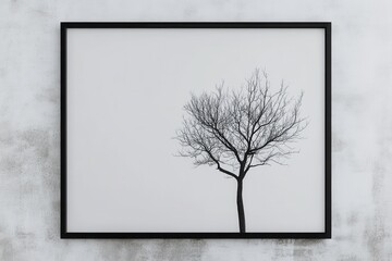 A minimalist framed artwork featuring a bare tree silhouette, creating a calm atmosphere on the wall