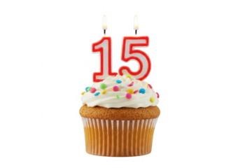 A cupcake with white frosting and colorful sprinkles topped with number fifteen candles lit up