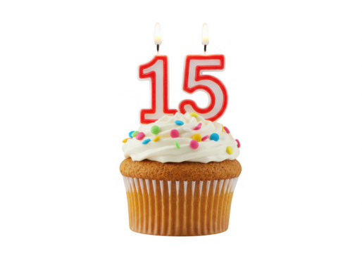 A cupcake with white frosting and colorful sprinkles topped with number fifteen candles lit up