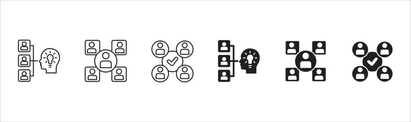 Human resources development icon set. Team or group idea icons. Icons set contains intelligent, smart, problem solving, teamwork, cooperation, brain storming. Vector stock illustration.
