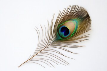 A vibrant peacock feather is elegantly displayed against a simple white wall