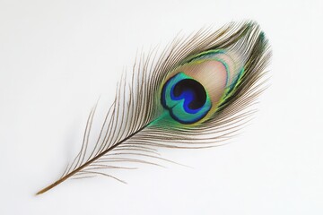 Obraz premium A delicate peacock feather is showcased against a white wall, highlighting its natural beauty