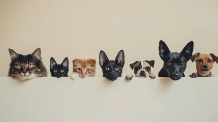 Cats and dogs of different breeds peeking from behind a partition