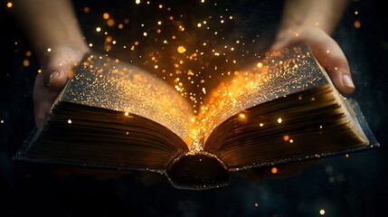 Enchanting Fantasy Book Opening with Golden Glitter Lights