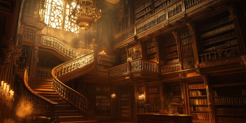 A grand 3D background of a majestic library with towering wooden bookshelves filled with ancient tomes. A spiral staircase leads to an ornate balcony, while golden chandeliers cast a warm, inviting