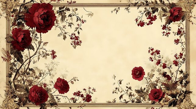 Fototapeta Vintage floral frame with red roses and beige background.