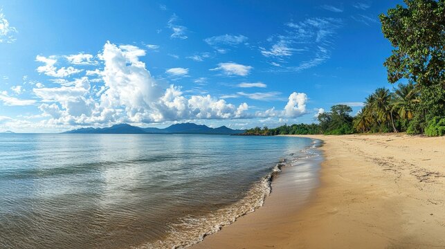 tropical beach panorama, seascape with a wide horizon, showcasing the beautiful expanse of the sky meeting the sea