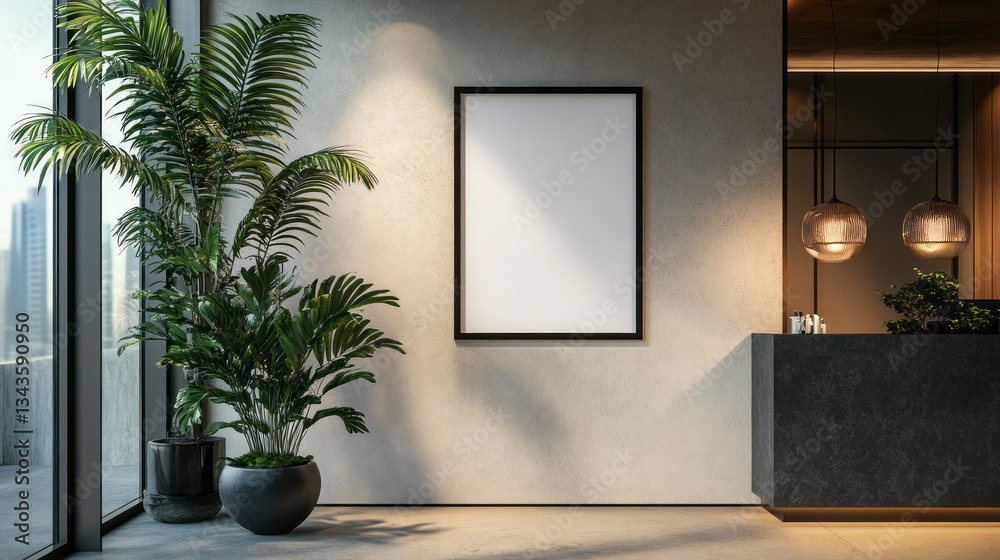 Poster bright and airy space showcases a stylish reception area with plush greenery, a blank canvas waiting