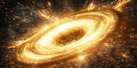 A cosmic 3D background of a supermassive star being consumed by an all-devouring black hole. Streams of light stretch impossibly as gravitational forces twist reality. The surrounding cosmic dust