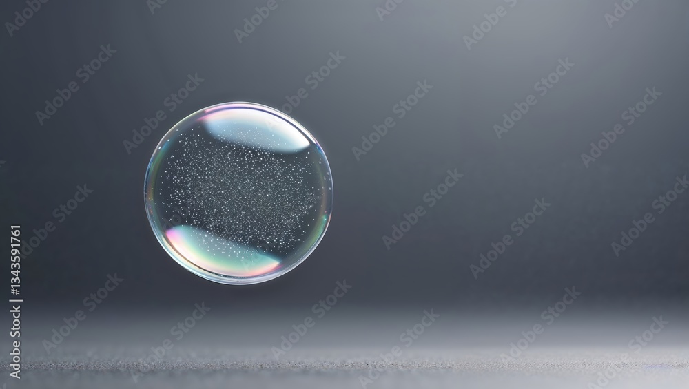 Poster delicate soap bubble floating against a smooth gray background with subtle reflections and tiny air 