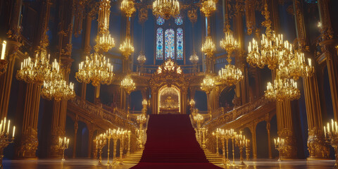 A luxurious 3D background of an extravagant royal palace with golden chandeliers, intricate stained glass windows, and a grand red-carpeted staircase leading to a magnificent throne. The air is filled