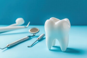 A large tooth surrounded by dental tools in a fun, playful scene on a blue background