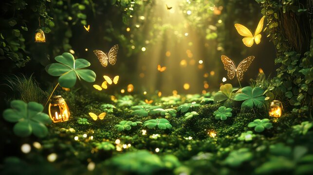 Magical forest scene with glowing jars, butterflies, and four-leaf clovers.