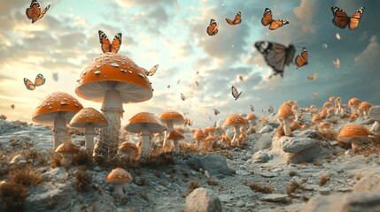 Enchanting Surreal Fantasy Landscape with Vibrant Mushrooms and Butterflies