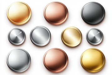 A set of metal chrome circle buttons in rose gold, bronze, silver, and gold presented in vector format
