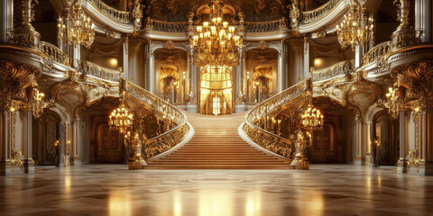 A luxurious 3D background of an opulent ballroom with polished marble floors, golden chandeliers, and grand staircases leading to an upper balcony. The walls are adorned with intricate baroque
