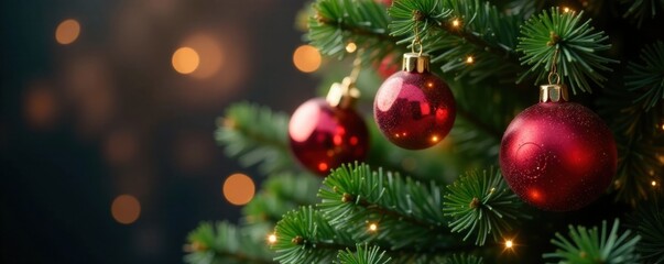 Fototapeta premium Colorful baubles adorn a lush green tree surrounded by twinkling fairy lights and warm ambiance, decoration, lights, festive