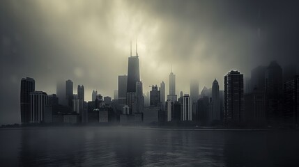 Gloomy Chicago Skyline Under Rain and Foggy Skies