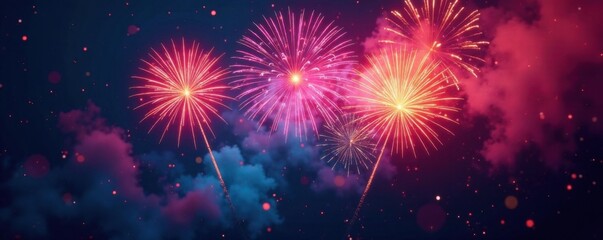 Colorful fireworks exploding in mid-air into a burst of shapes, light, sparks, stars